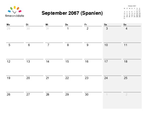 Kalender für 2067 in Spanien