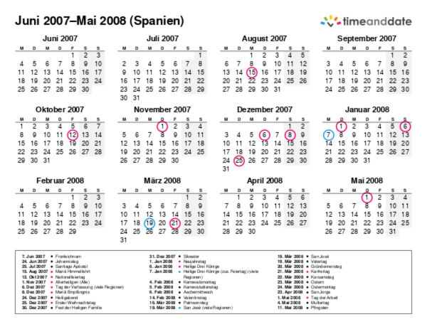 Kalender für 2007 in Spanien