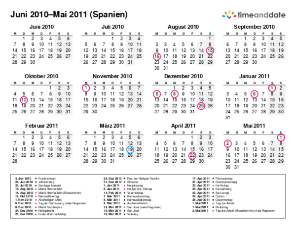 Kalender für 2010 in Spanien