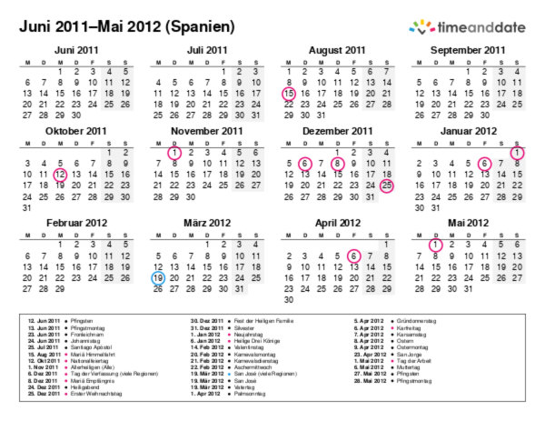 Kalender für 2011 in Spanien