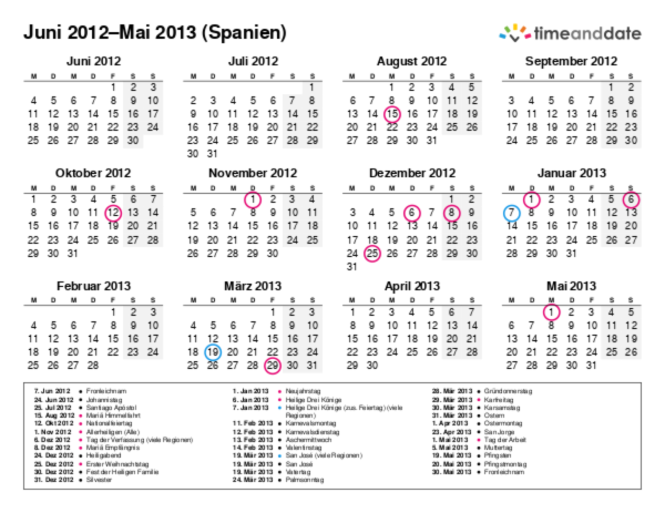 Kalender für 2012 in Spanien