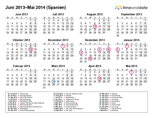Kalender für 2013 in Spanien