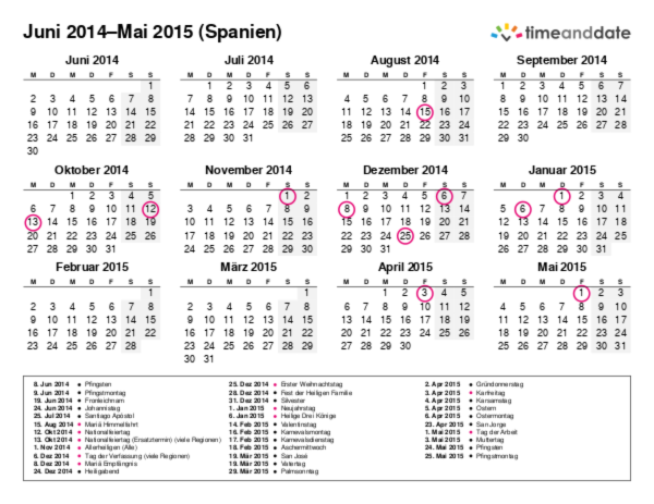 Kalender für 2014 in Spanien