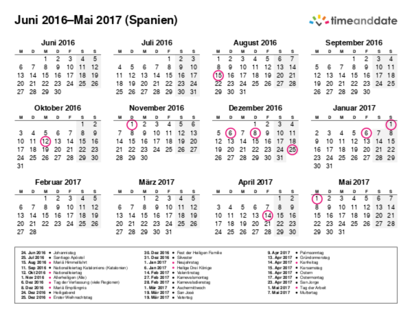 Kalender für 2016 in Spanien