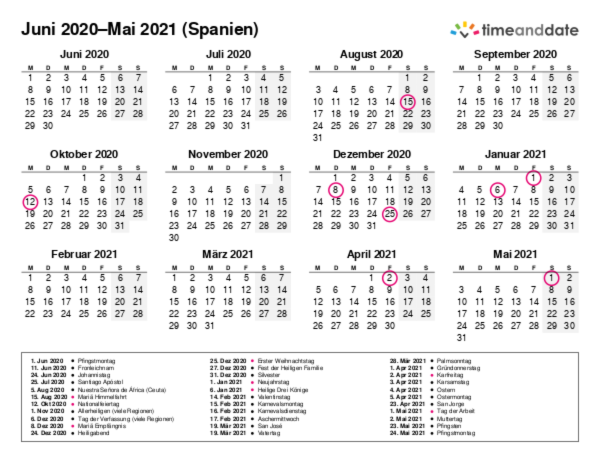 Kalender für 2020 in Spanien