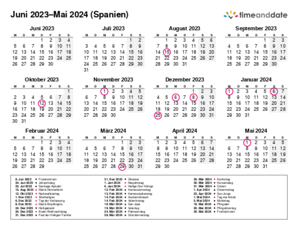 Kalender für 2023 in Spanien