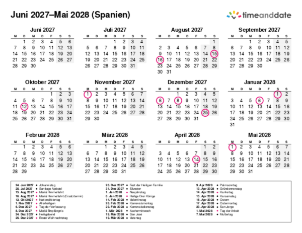 Kalender für 2027 in Spanien