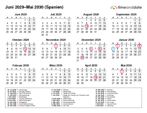 Kalender für 2029 in Spanien
