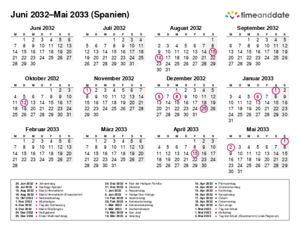Kalender für 2032 in Spanien