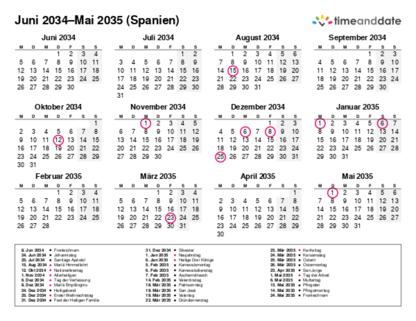 Kalender für 2034 in Spanien