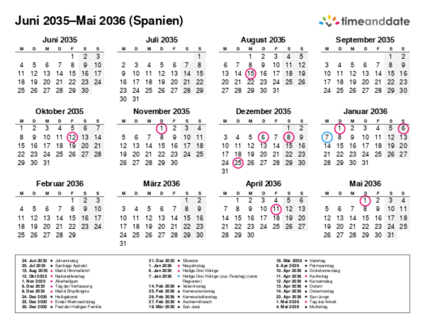 Kalender für 2035 in Spanien