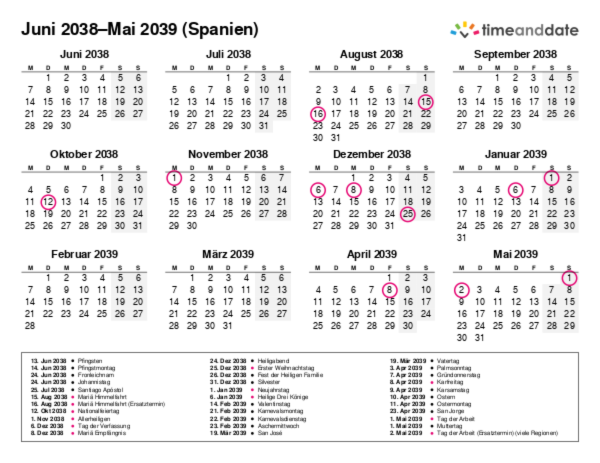 Kalender für 2038 in Spanien