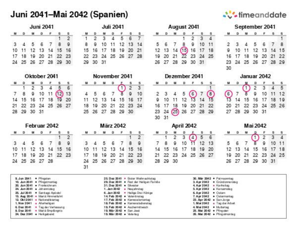 Kalender für 2041 in Spanien