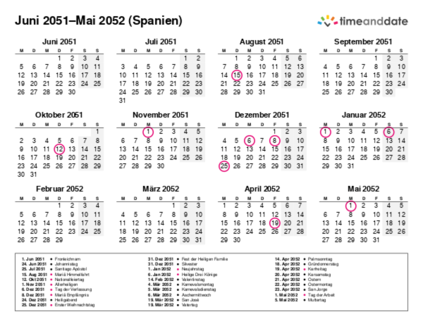 Kalender für 2051 in Spanien