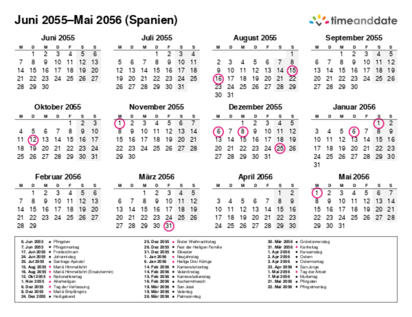 Kalender für 2055 in Spanien