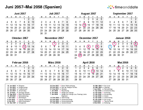 Kalender für 2057 in Spanien