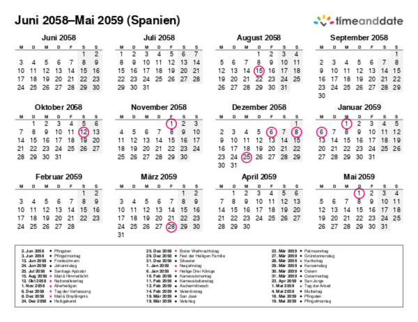 Kalender für 2058 in Spanien