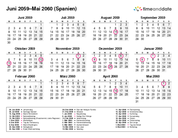 Kalender für 2059 in Spanien