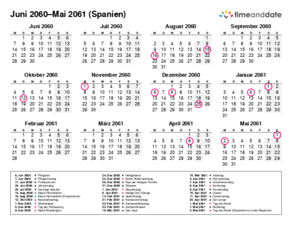 Kalender für 2060 in Spanien