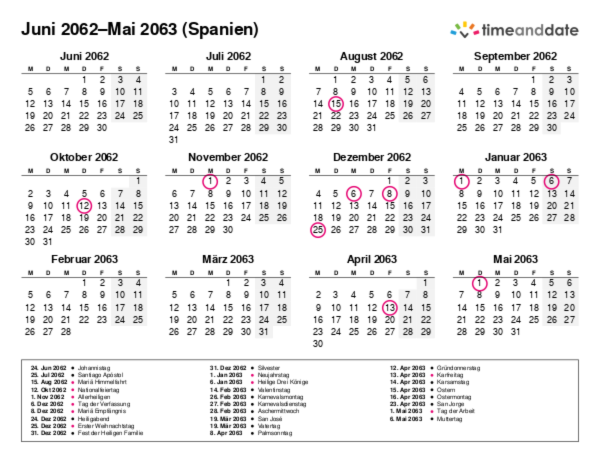 Kalender für 2062 in Spanien