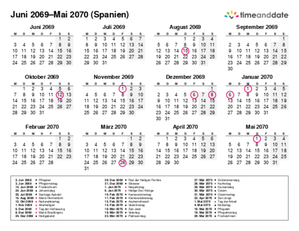 Kalender für 2069 in Spanien