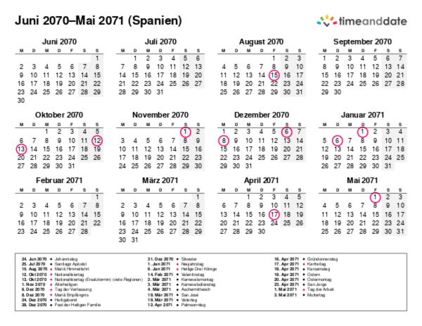 Kalender für 2070 in Spanien