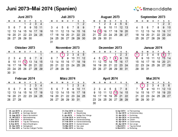 Kalender für 2073 in Spanien
