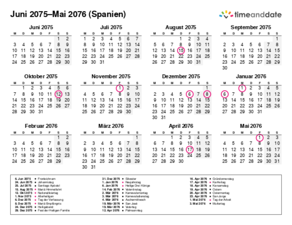 Kalender für 2075 in Spanien