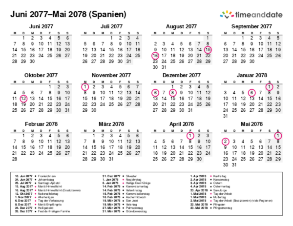 Kalender für 2077 in Spanien