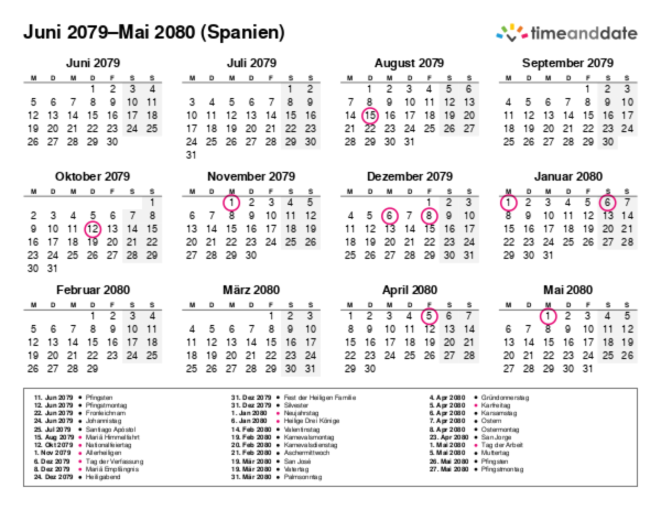 Kalender für 2079 in Spanien