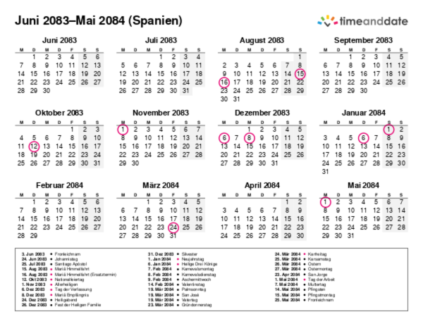 Kalender für 2083 in Spanien