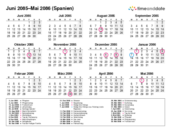 Kalender für 2085 in Spanien