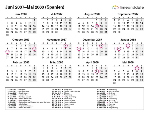 Kalender für 2087 in Spanien