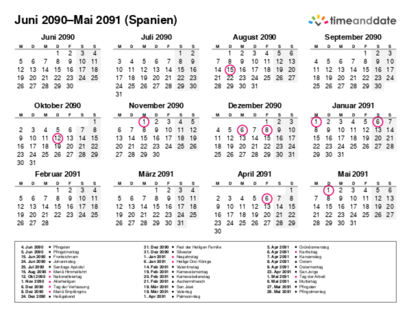Kalender für 2090 in Spanien
