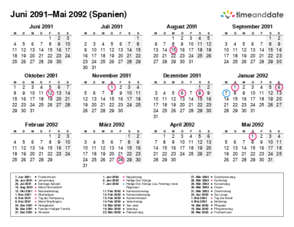 Kalender für 2091 in Spanien