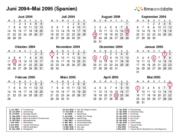 Kalender für 2094 in Spanien