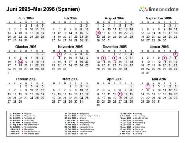 Kalender für 2095 in Spanien