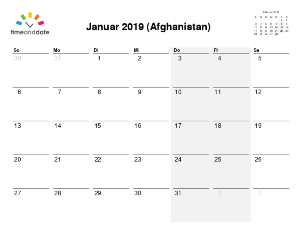 Kalender für 2019 in Afghanistan