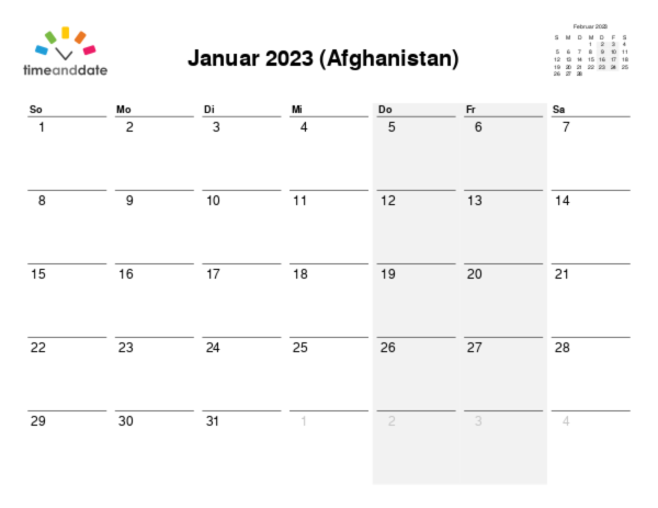 Kalender für 2023 in Afghanistan