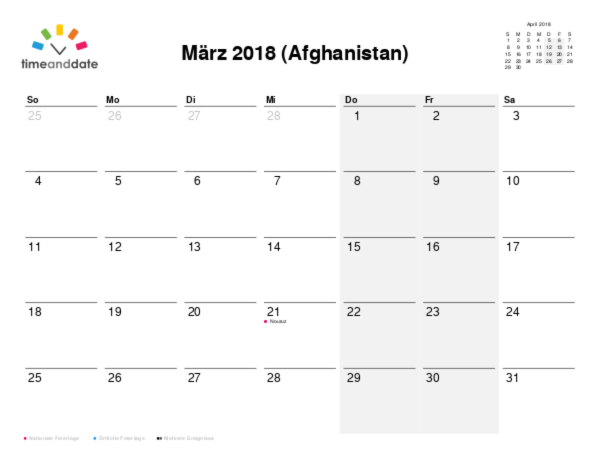 Kalender für 2018 in Afghanistan
