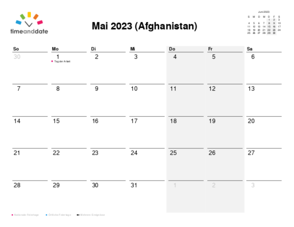 Kalender für 2023 in Afghanistan