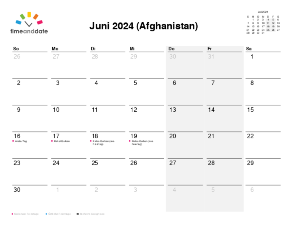 Kalender für 2024 in Afghanistan