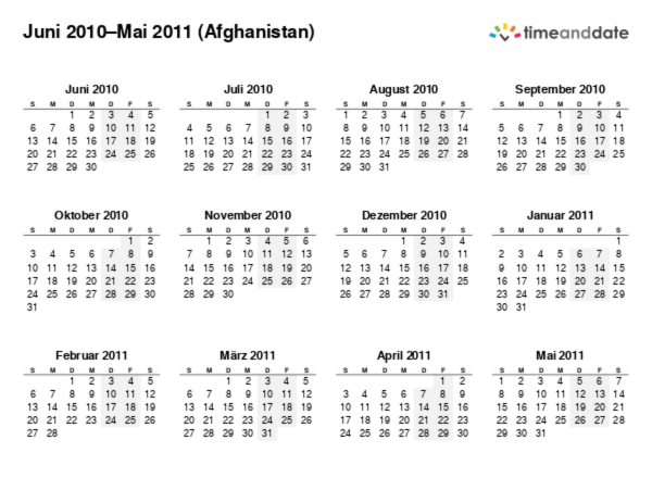 Kalender für 2010 in Afghanistan