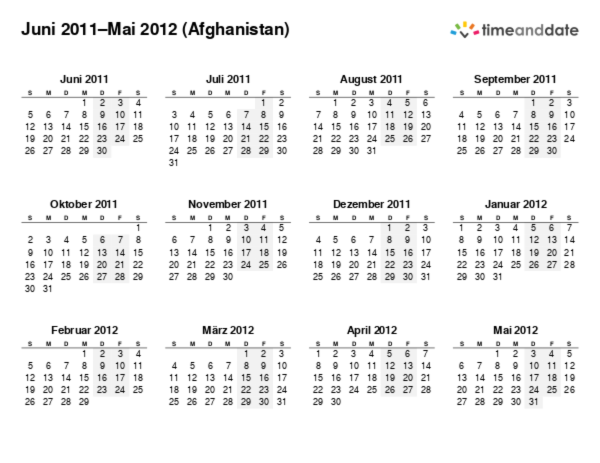 Kalender für 2011 in Afghanistan
