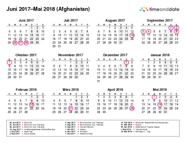 Kalender für 2017 in Afghanistan