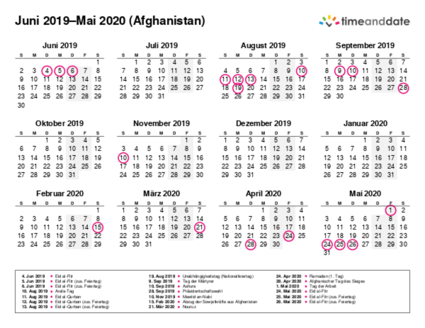 Kalender für 2019 in Afghanistan
