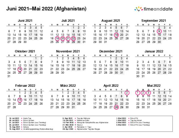 Kalender für 2021 in Afghanistan