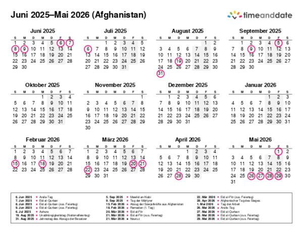 Kalender für 2025 in Afghanistan