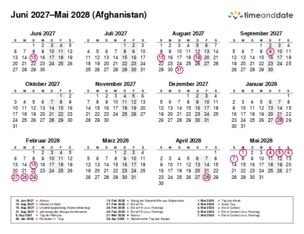 Kalender für 2027 in Afghanistan