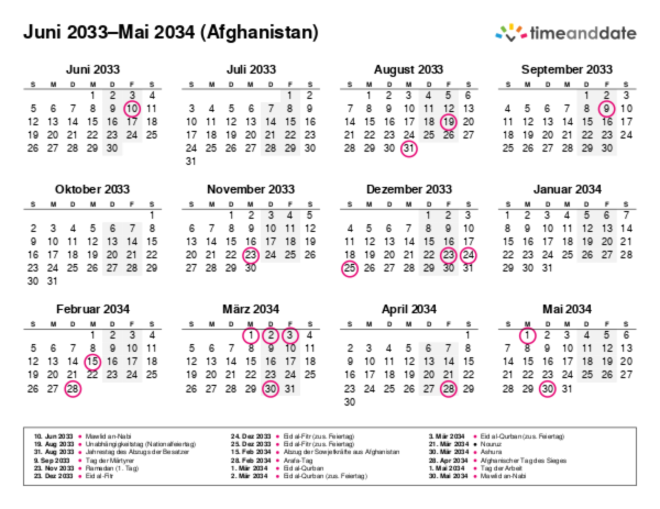Kalender für 2033 in Afghanistan